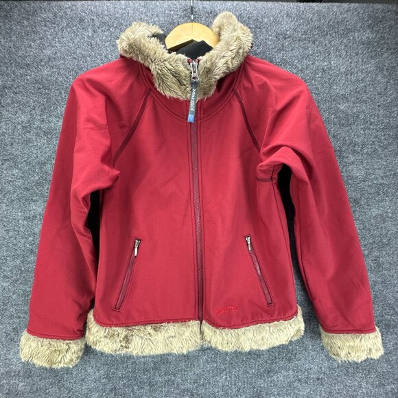Marmot Jacket‎ Womens Medium Red Soft Shell Faux Fur Hooded Fleece Lined - Picture 1 of 15